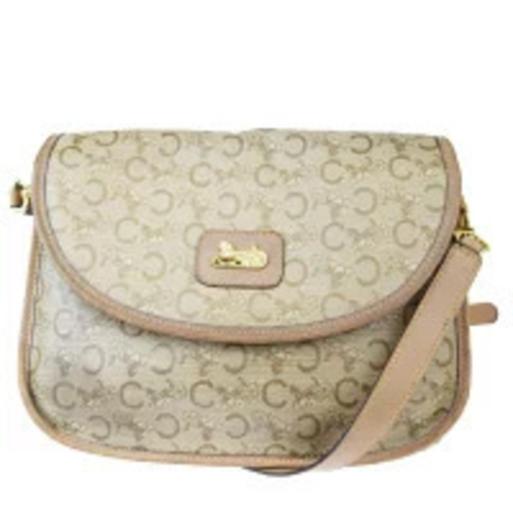 Celine Leather Canvas Shoulder Bag Beige
